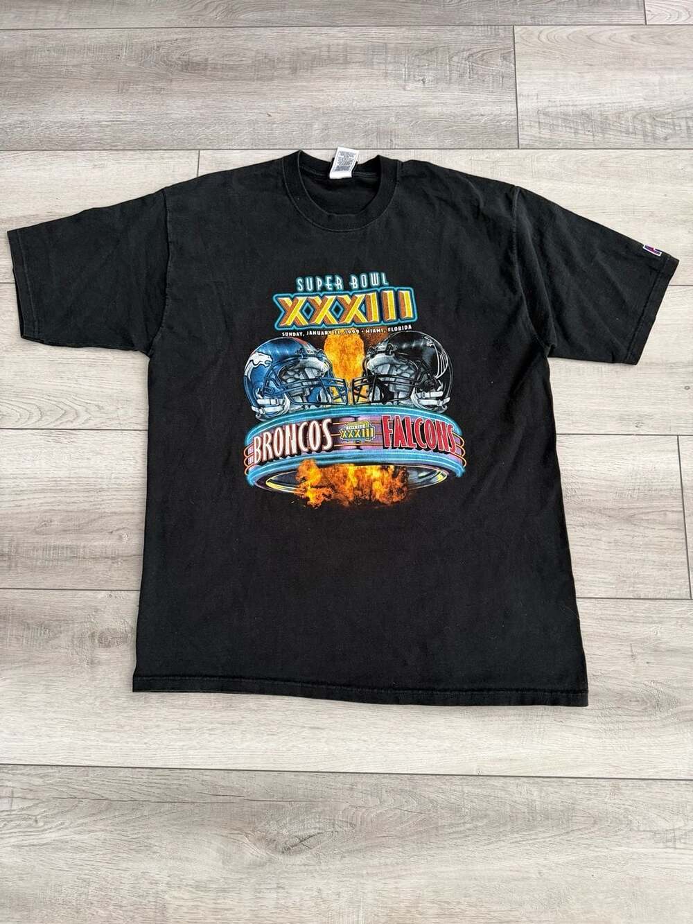 1999 Vintage Pro Player Super Bowl Xxxiii Broncos Vs Falcons Size XL Black T-Shi